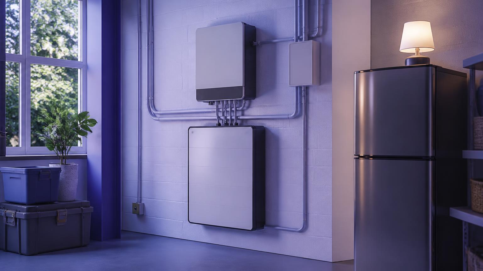 A wall-mounted home battery and inverter in a daylit utility room, powering a refrigerator and a lamp during an outage