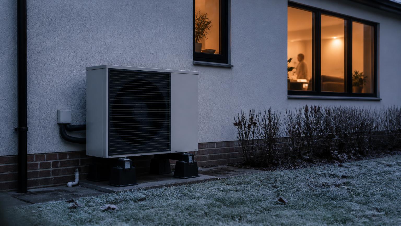 An air-source heat pump beside a house on a frosty evening, with warm light and a person visible in the windows