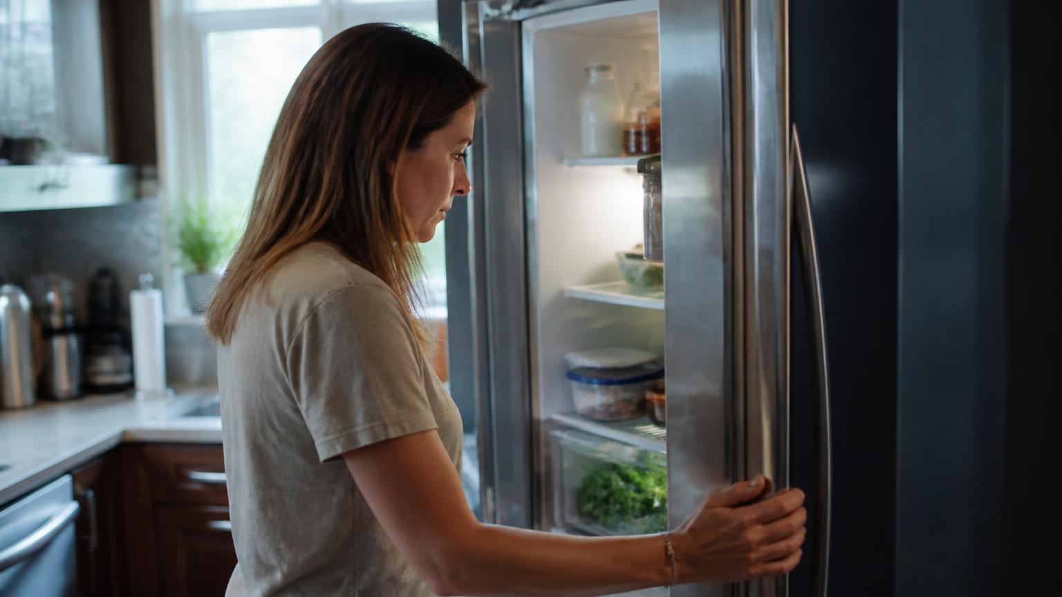 A woman standing at an open stainless steel refrigerator in a daylit home kitchen, looking at the shelves
