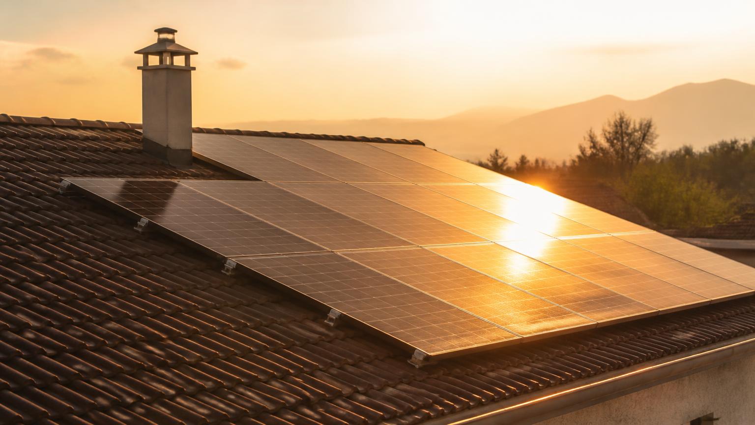 Rooftop solar panels catching strong low-angle evening sunlight, with long shadows across the roof tiles