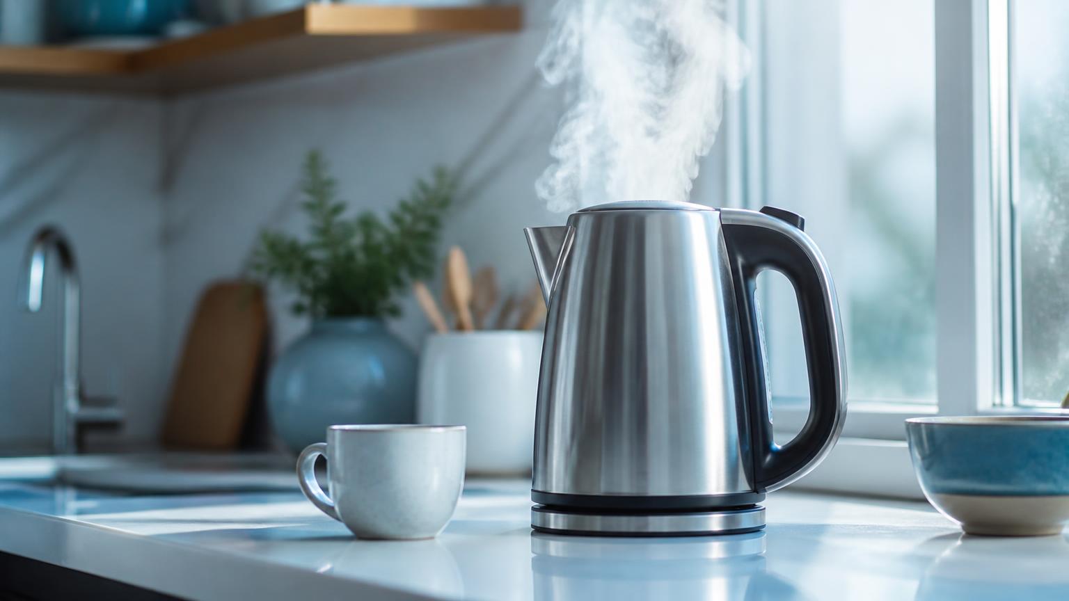 An electric kettle boiling on a bright kitchen counter in morning daylight, steam rising through the window light